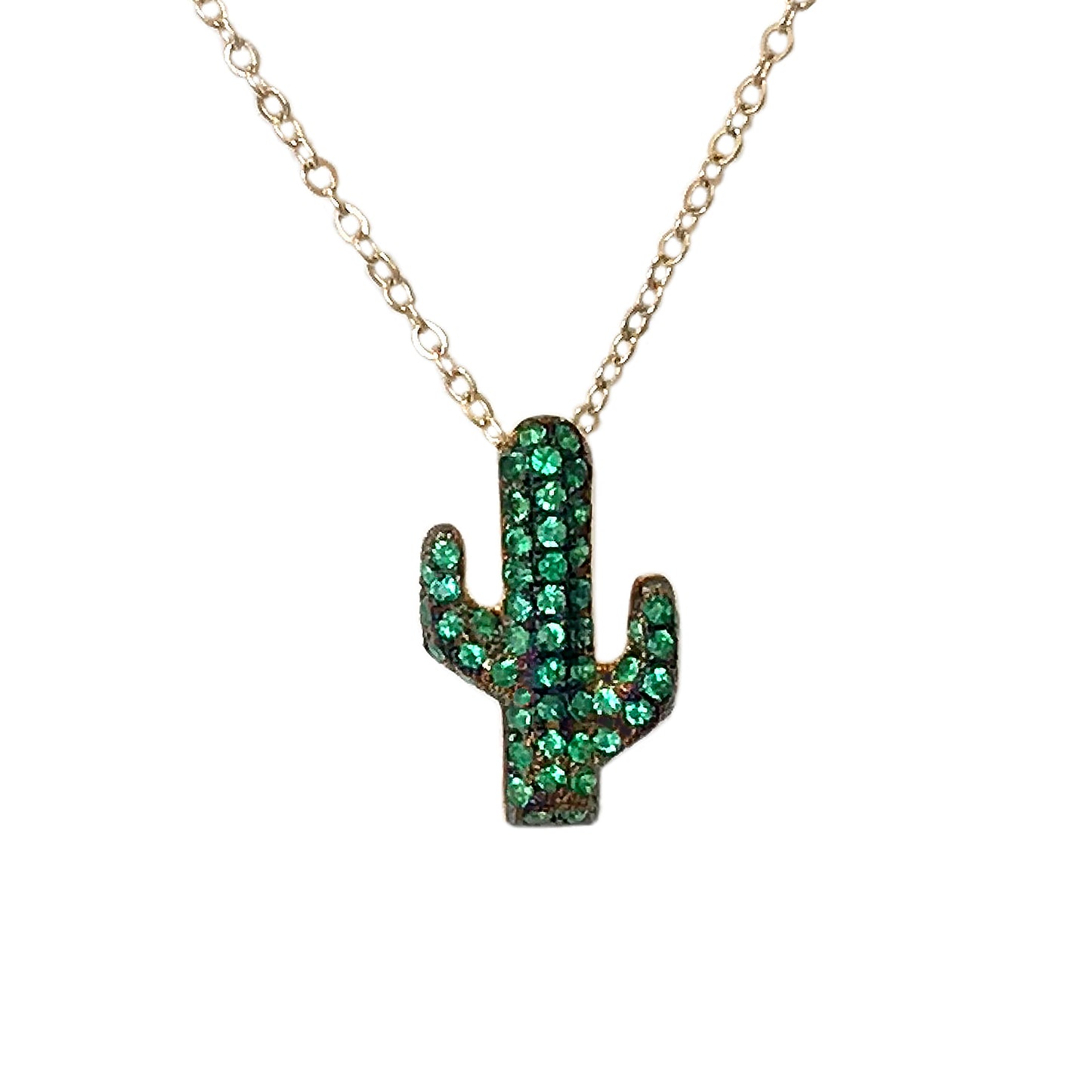 14K Gold Pavé Emerald Cactus Necklace, Small Size