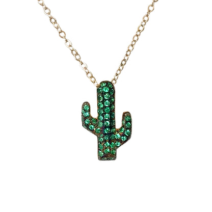 14K Gold Pavé Emerald Cactus Necklace, Small Size