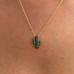 14K Gold Pavé Emerald Cactus Necklace, Small Size