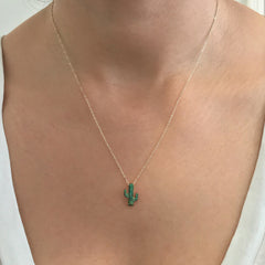 14K Gold Pavé Emerald Cactus Necklace, Small Size