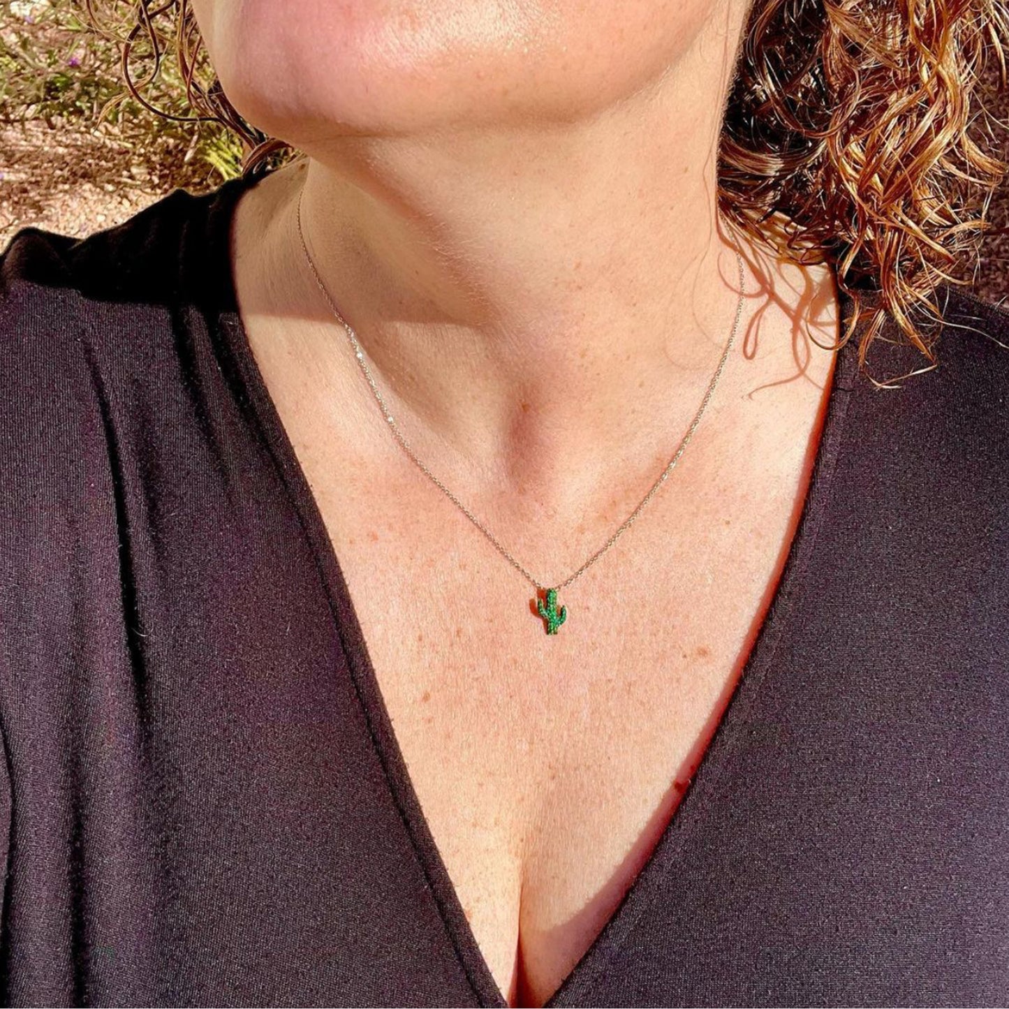 14K Gold Pavé Emerald Cactus Necklace, Small Size