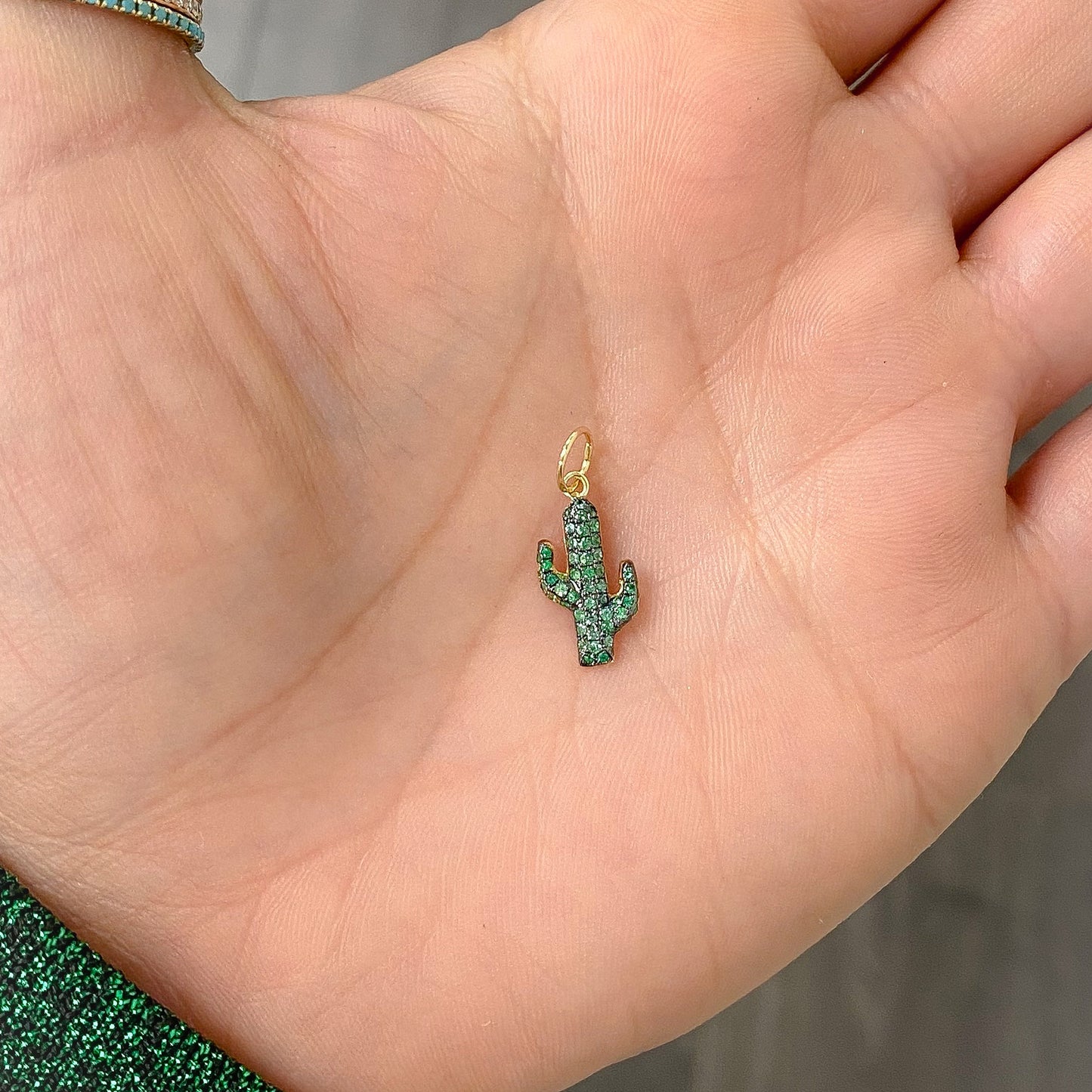 14K Gold Pavé Emerald Cactus Necklace, Small Size