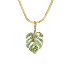 14K Gold Pavé Emerald Monstera Palm Leaf Necklace