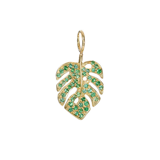 14K Gold Pavé Emerald Monstera Palm Leaf Necklace