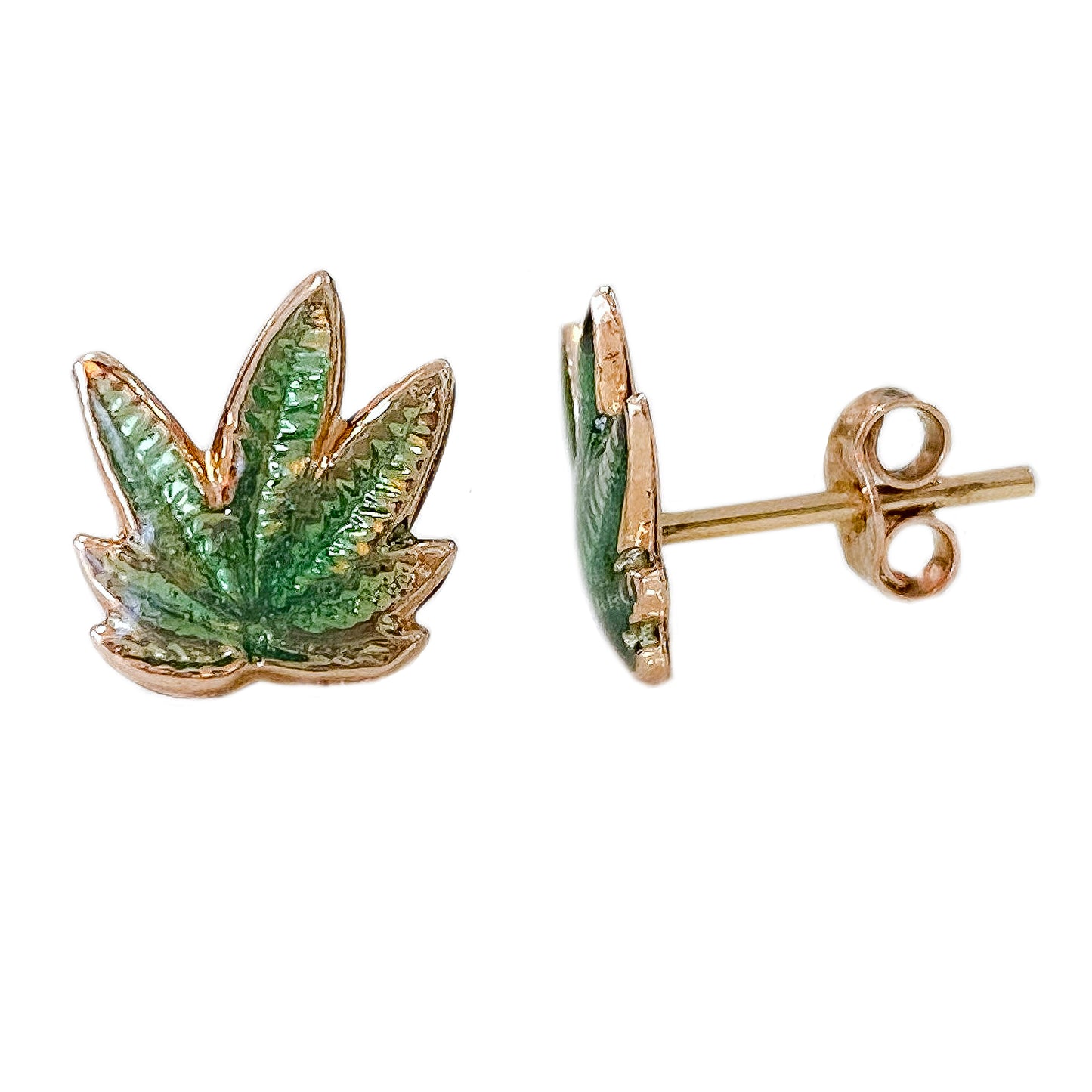 14K Gold Enameled Marijuana Leaf Stud Earrings