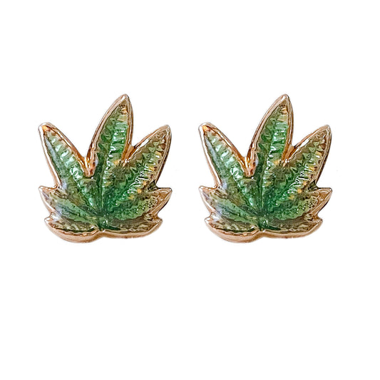 14K Gold Enameled Marijuana Leaf Stud Earrings