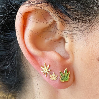 14K Gold Enameled Marijuana Leaf Stud Earrings