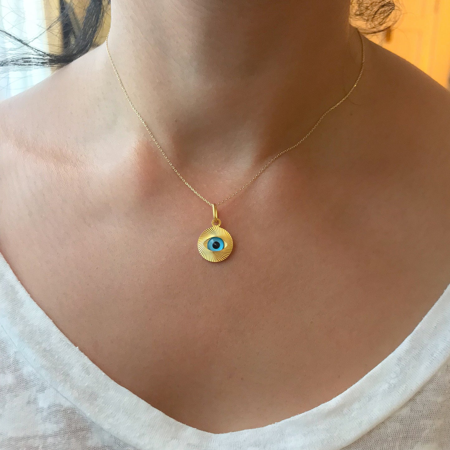 14K Gold Evil Eye Fluted Coin Necklace ~ LIMITED EDITION