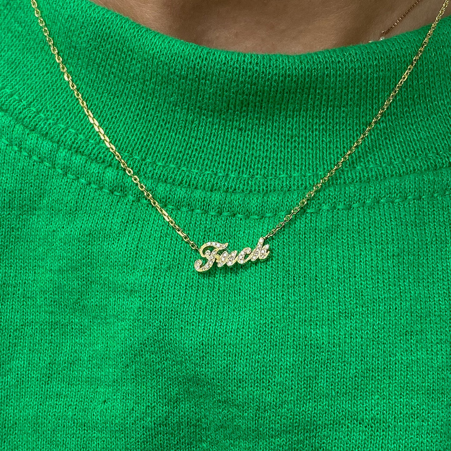 14K Gold Pavé Diamond 'Fuck' Charm Pendant Necklace ~ Script Font