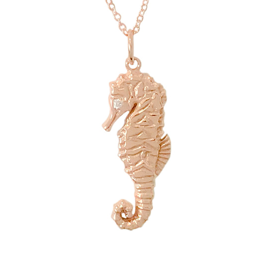 14K Gold Large Size Seahorse Pendant Necklace with Diamond Eye