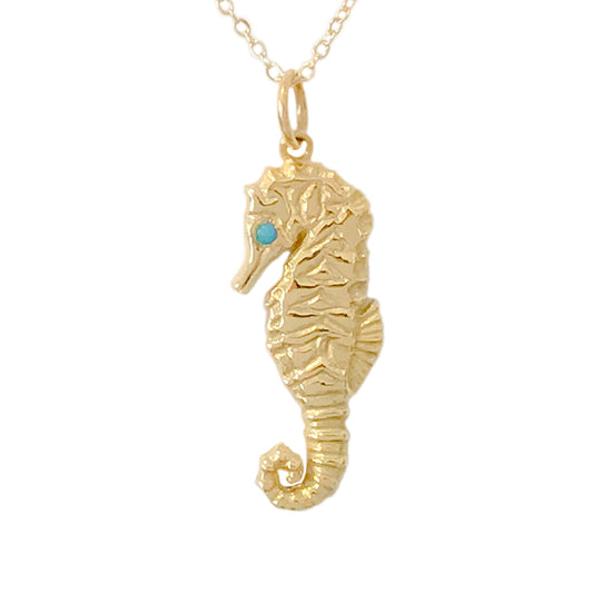 14K Gold Seahorse Pendant Necklace with Turquoise Eye, Large Size