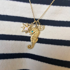 14K Gold Large Size Seahorse Pendant Necklace with Turquoise Eye