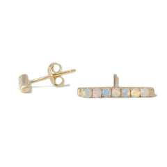 14K Gold Large Pavé Opal Cabochon Bar Stud Earrings