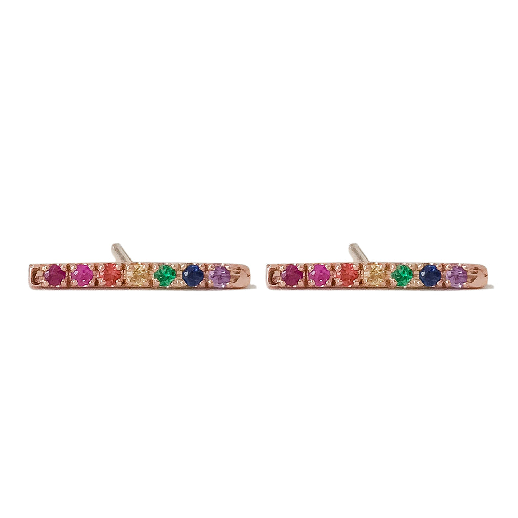 14K Gold Large Pavé Rainbow Gemstone Bar Stud Earrings