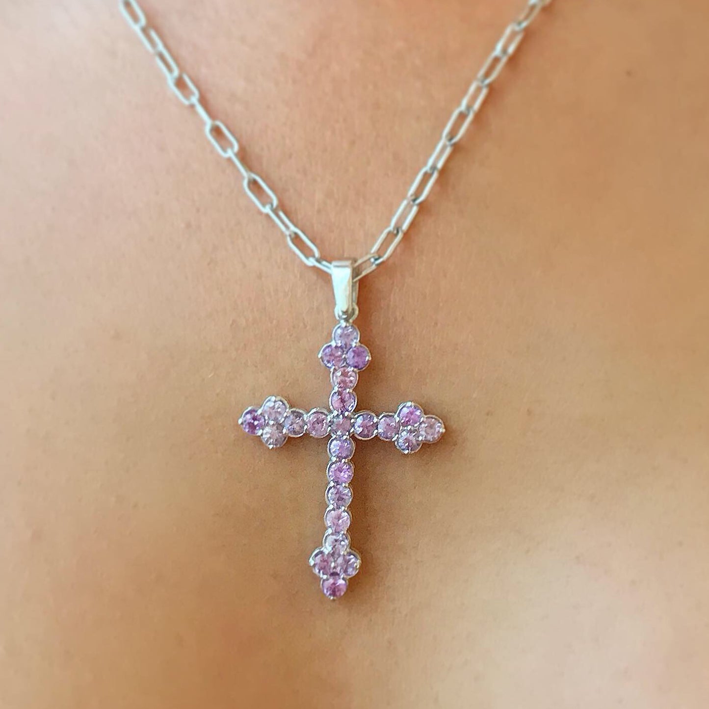 14K Gold Purple Sapphire Gothic Trinity Cross Necklace ~ Large Size