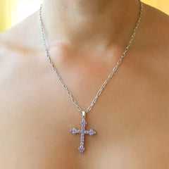 14K Gold Purple Sapphire Gothic Trinity Cross Necklace ~ Large Size