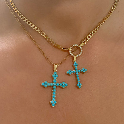 14K Gold Turquoise Gothic Trinity Cross Necklace ~ Large Size