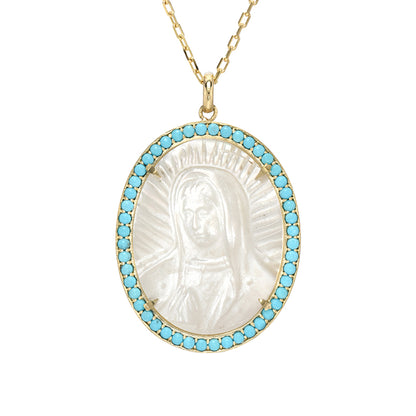 14K Gold Virgin Mary Miraculous Medal Mother of Pearl & Pavé Turquoise Necklace, LIMITED EDITION