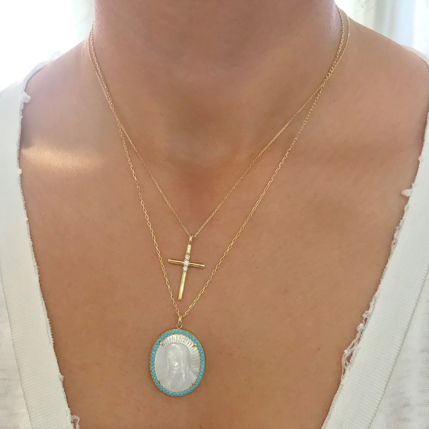 14K Gold Virgin Mary Miraculous Medal Mother of Pearl & Pavé Turquoise Necklace, LIMITED EDITION