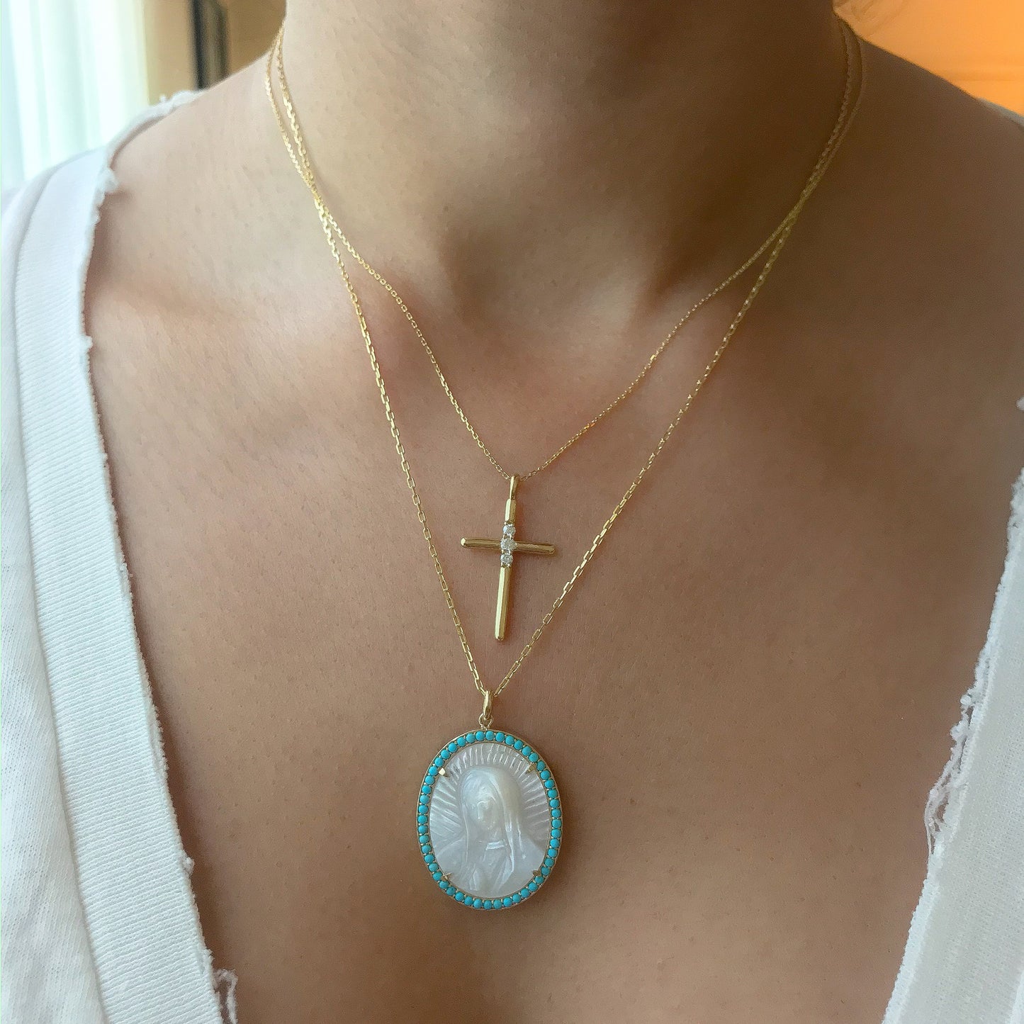 14K Gold Virgin Mary Miraculous Medal Mother of Pearl & Pavé Turquoise Necklace, LIMITED EDITION