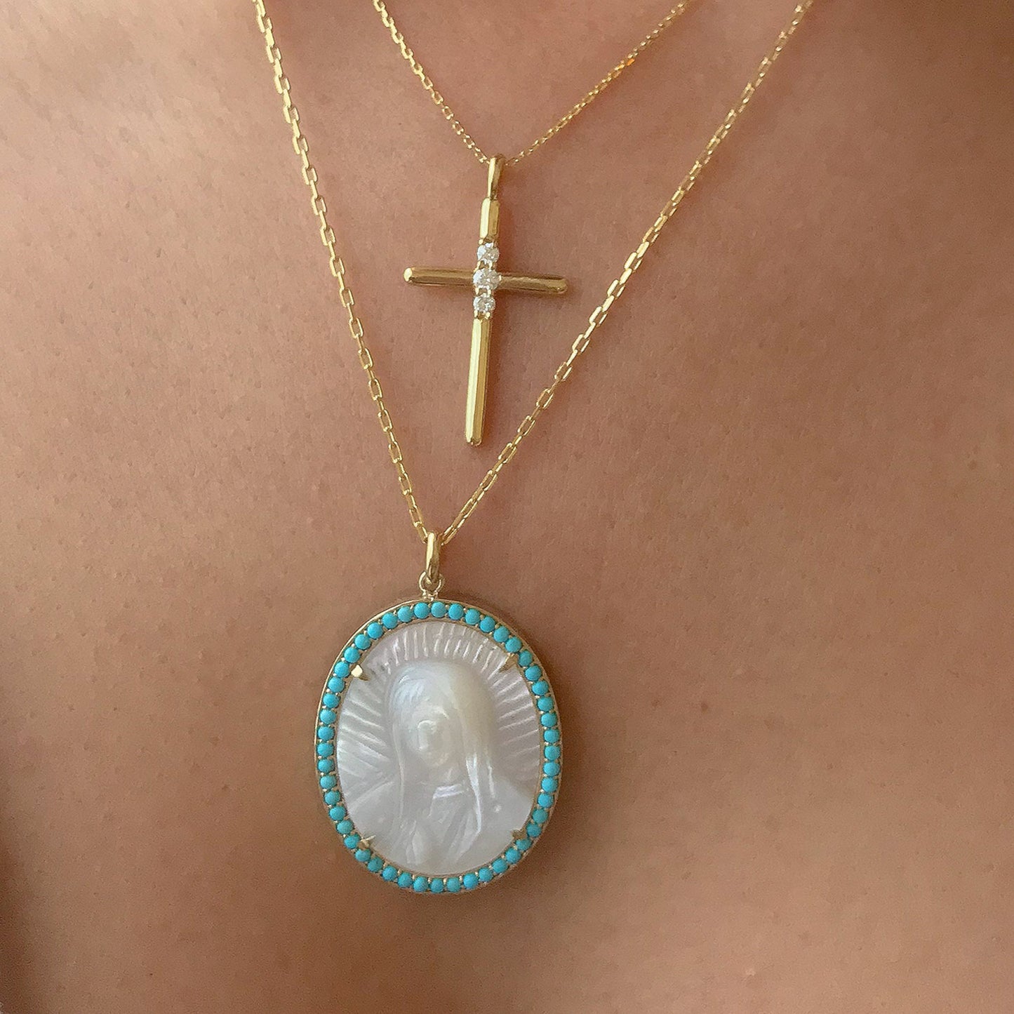 14K Gold Virgin Mary Miraculous Medal Mother of Pearl & Pavé Turquoise Necklace, LIMITED EDITION