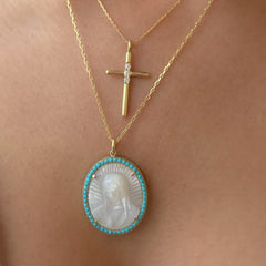 14K Gold Virgin Mary Miraculous Medal Mother of Pearl & Pavé Turquoise Necklace, LIMITED EDITION