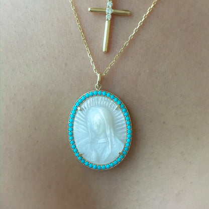 14K Gold Virgin Mary Miraculous Medal Mother of Pearl & Pavé Turquoise Necklace, LIMITED EDITION