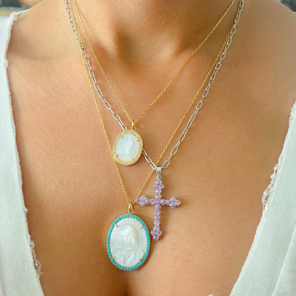 14K Gold Virgin Mary Miraculous Medal Mother of Pearl & Pavé Turquoise Necklace, LIMITED EDITION