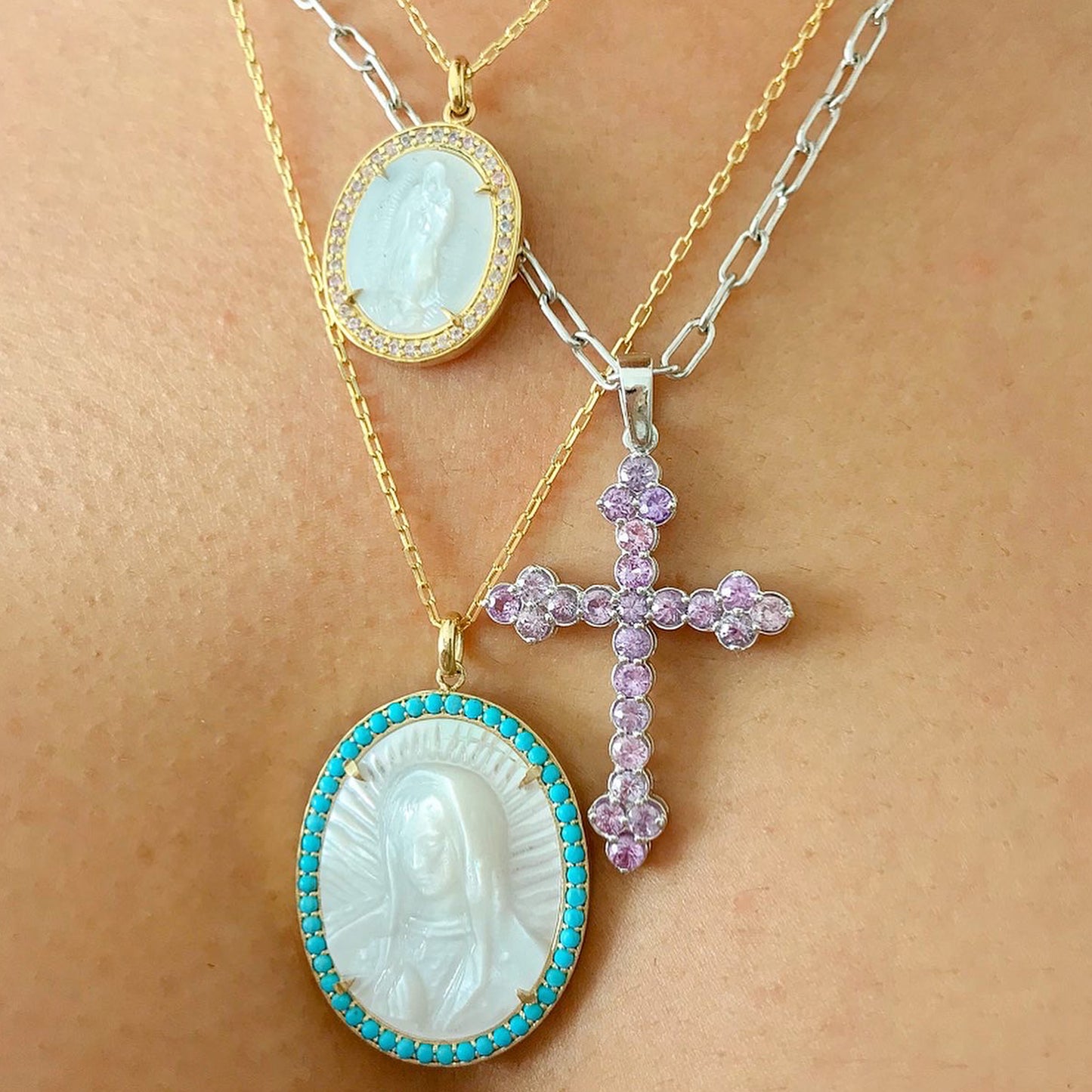 14K Gold Virgin Mary Miraculous Medal Mother of Pearl & Pavé Turquoise Necklace, LIMITED EDITION