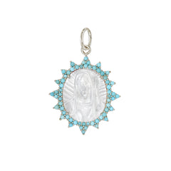 14K Gold Virgin Mary Miraculous Medal Mother of Pearl & Starburst Pavé Turquoise Charm Pendant, LIMITED EDITION