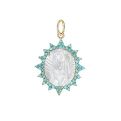 14K Gold Virgin Mary Miraculous Medal Mother of Pearl & Starburst Pavé Turquoise Charm Pendant, LIMITED EDITION