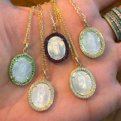 14K Gold Virgin Mary Miraculous Medal Mother of Pearl & Pavé Tsavorite Garnet Necklace, LIMITED EDITION