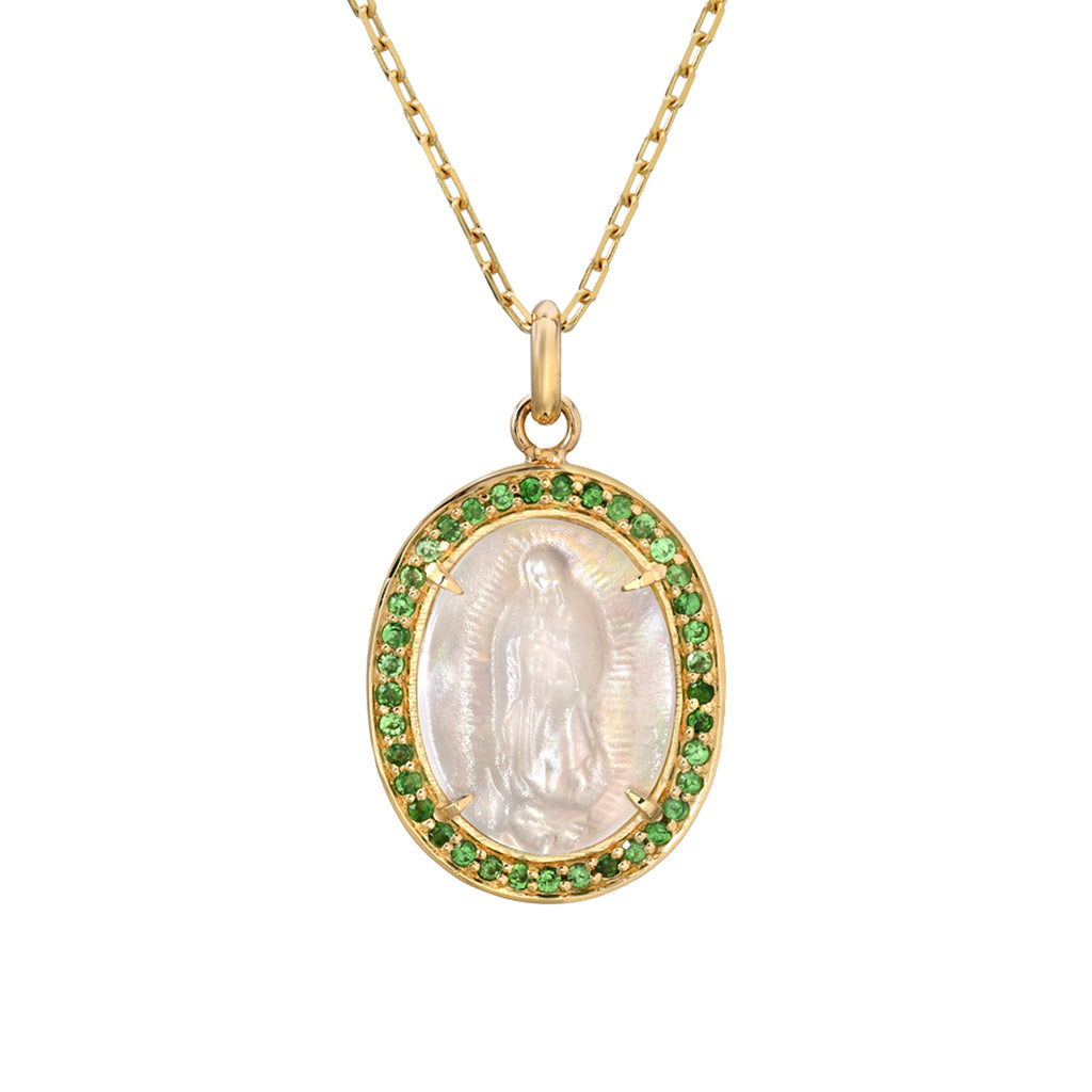 14K Gold Virgin Mary Miraculous Medal Mother of Pearl & Pavé Tsavorite Garnet Necklace, LIMITED EDITION