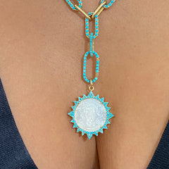 14K Gold Jesus Christ Miraculous Medal Mother of Pearl & Starburst Pavé Turquoise Charm Pendant, LIMITED EDITION