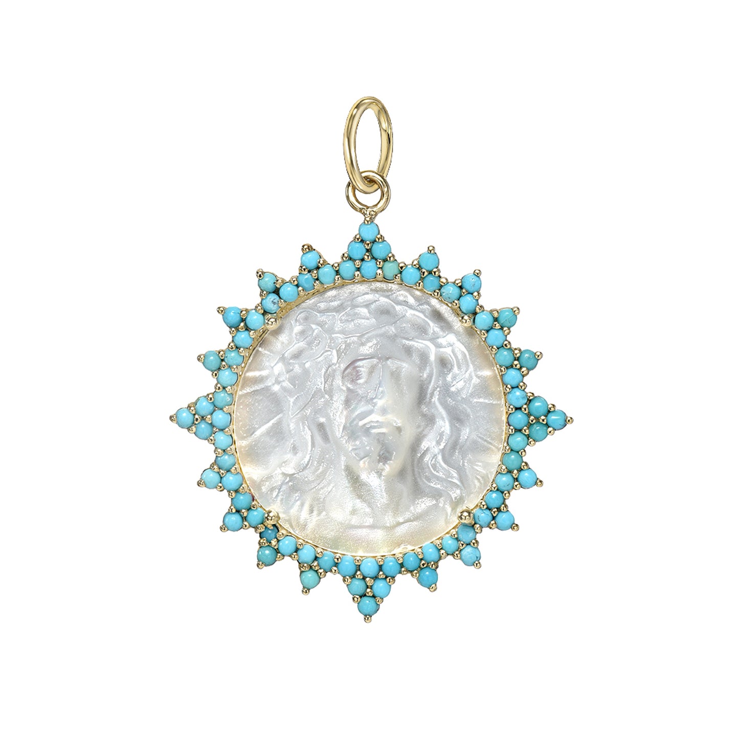 14K Gold Jesus Christ Miraculous Medal Mother of Pearl & Starburst Pavé Turquoise Charm Pendant, LIMITED EDITION