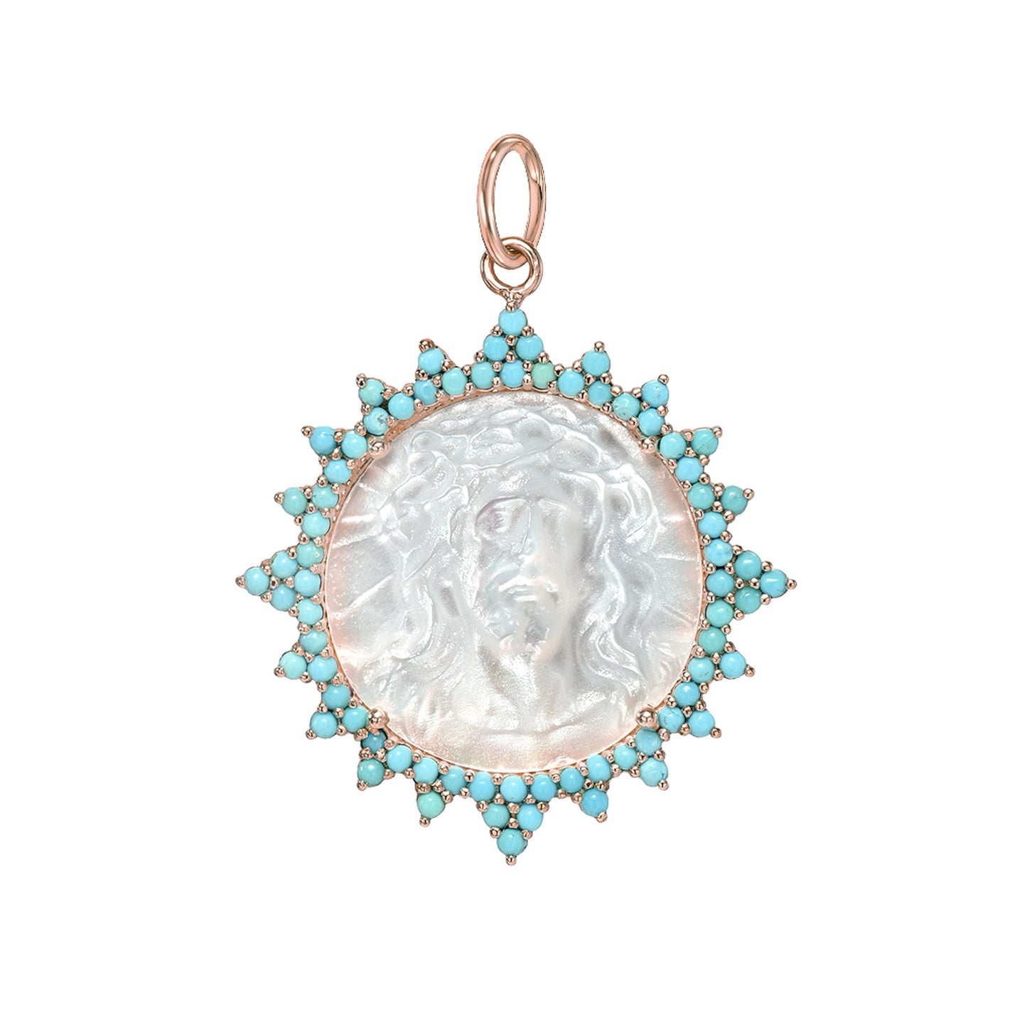 14K Gold Jesus Christ Miraculous Medal Mother of Pearl & Starburst Pavé Turquoise Charm Pendant, LIMITED EDITION