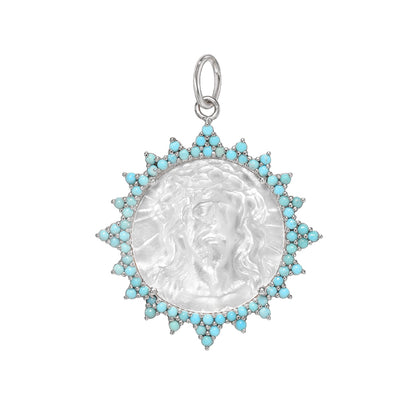 14K Gold Jesus Christ Miraculous Medal Mother of Pearl & Starburst Pavé Turquoise Charm Pendant, LIMITED EDITION