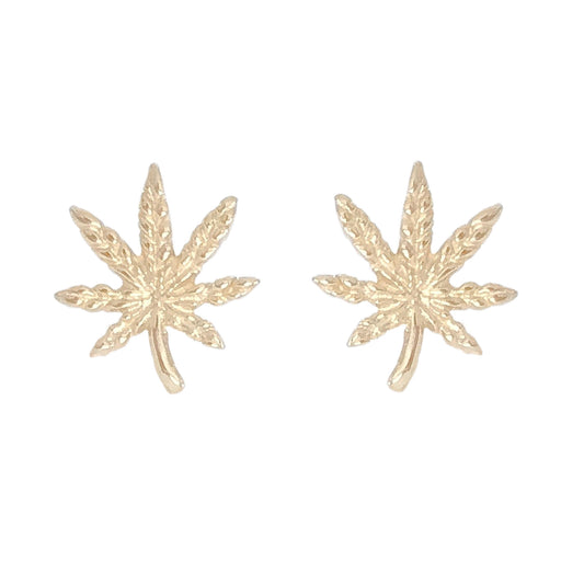 14K Gold Marijuana Leaf Stud Earrings, Medium Size