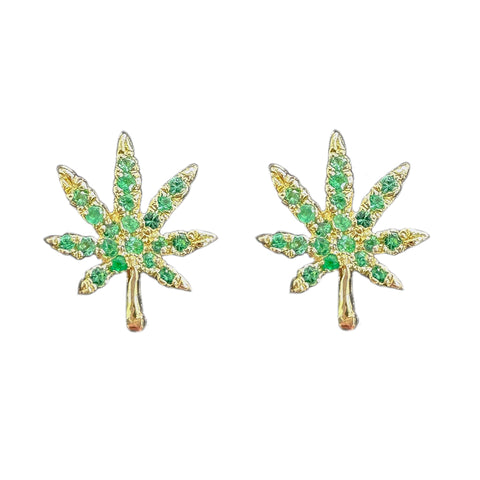 14K Gold Emerald Marijuana Leaf Stud Earrings, Medium Size