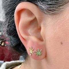 14K Gold Emerald Marijuana Leaf Stud Earrings, Medium Size