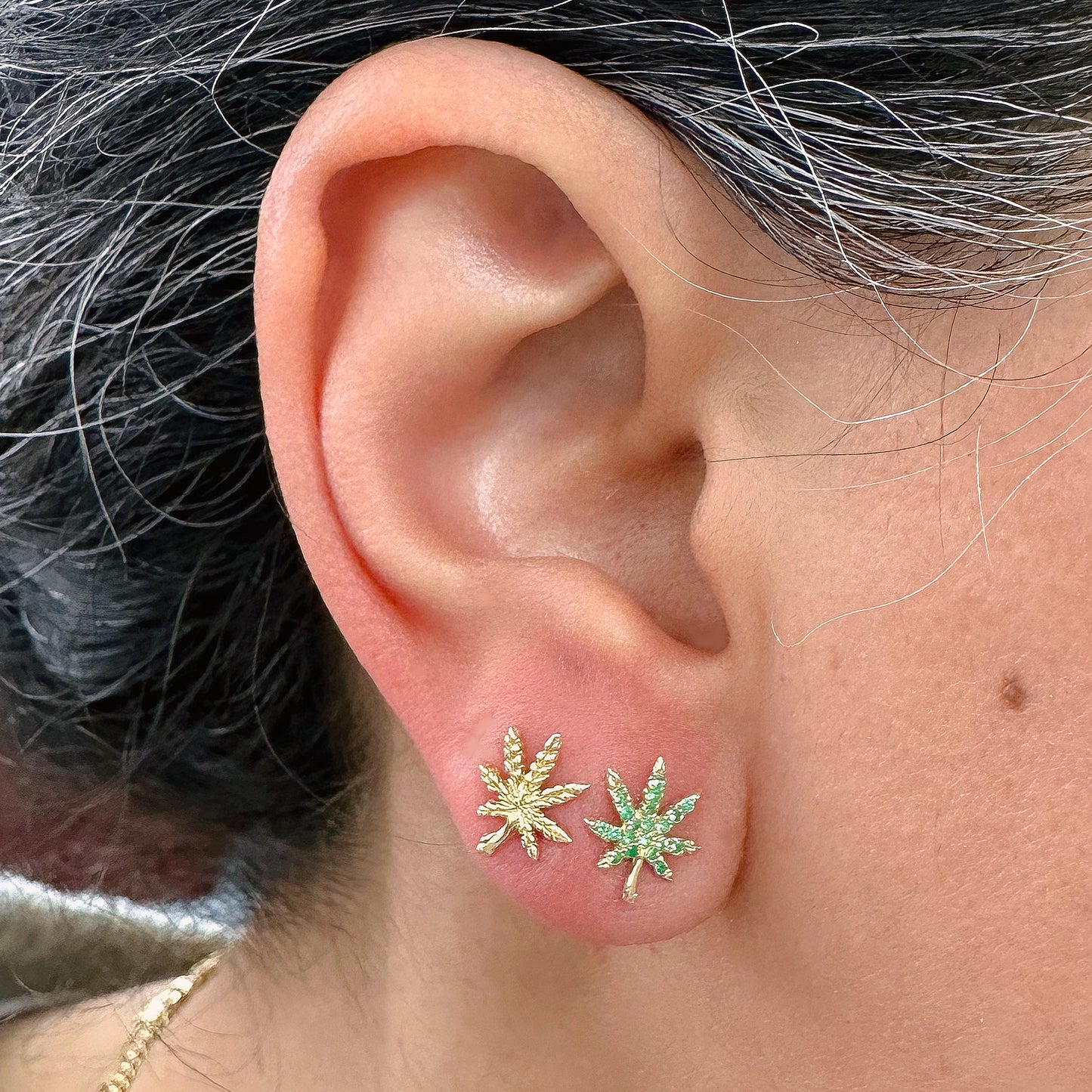 14K Gold Emerald Marijuana Leaf Stud Earrings, Medium Size