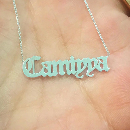 14K Gold Nameplate Pendant Necklace ~ Old English Font