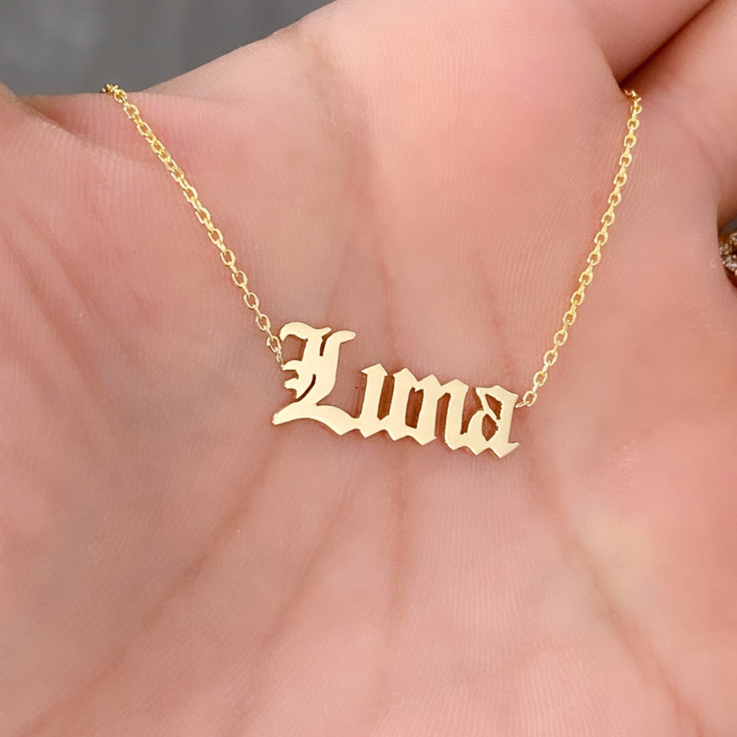 14K Gold Nameplate Pendant Necklace ~ Old English Font