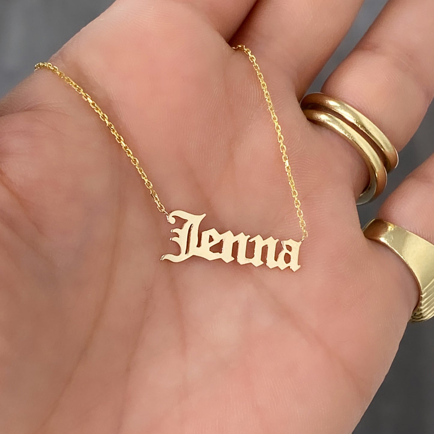 14K Gold Nameplate Pendant Necklace ~ Old English Font