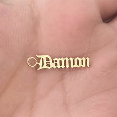 14K Gold Nameplate Earring Hoop Charm, Old English Font