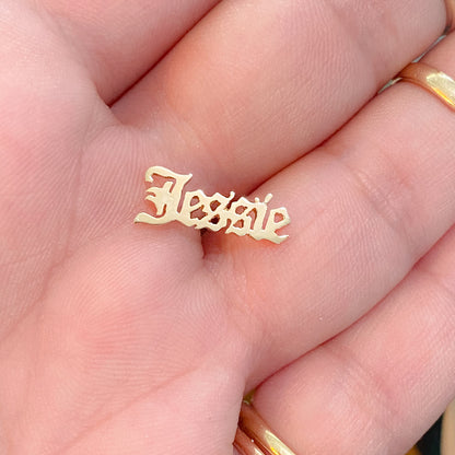 14K Gold Nameplate Stud Earrings, Old English Font