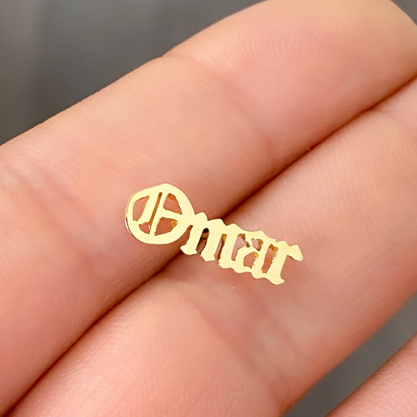 14K Gold Nameplate Stud Earrings, Old English Font