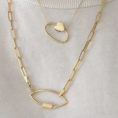 14K Gold Oval Shaped Carabiner Heart Lock Charm Necklace ~ In Stock!