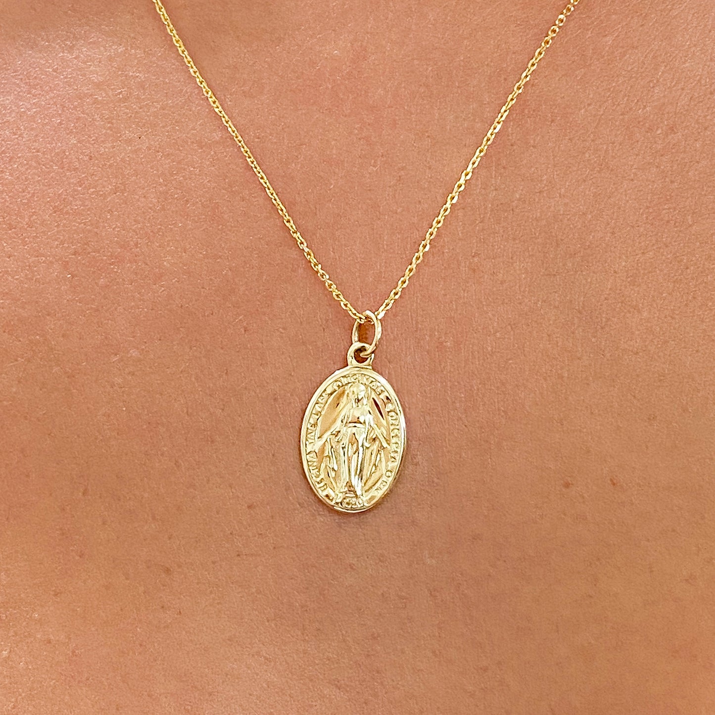 14K Gold Virgin Mary Miraculous Medal Charm Necklace