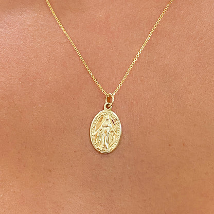 14K Gold Virgin Mary Miraculous Medal Charm Necklace